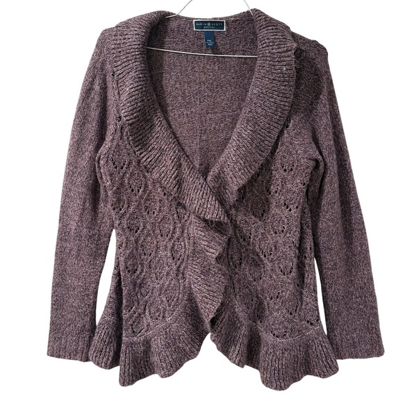 Karen Scott Sweaters - Karen Scott Womens Cardigan Purple Long Sleeve Open Knit Ruffle Size PXL